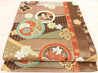 平和屋着物◎六通柄袋帯　唐織　吉祥花鳥文　金銀糸　正絹　逸品　AABI5769yx