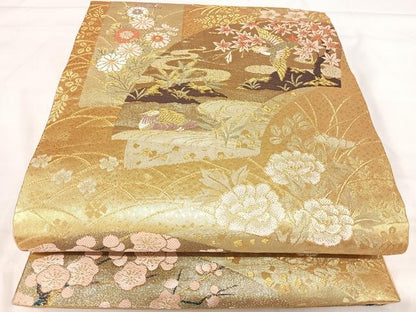 平和屋着物◎佐賀錦　六通柄袋帯　唐織　地紙花鳥文　金糸　正絹　逸品　AABI5770yx