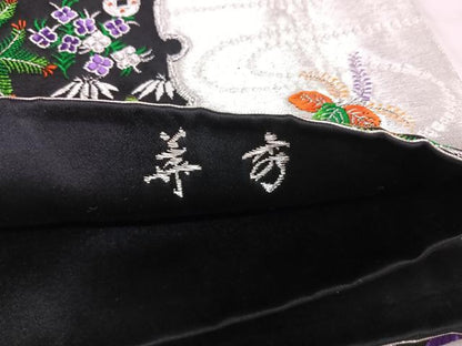 平和屋着物◎六通柄袋帯　唐織　華秀　飛鶴吉祥文　黒地　金銀糸　正絹　逸品　AABI5773yx