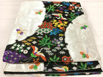 平和屋着物◎六通柄袋帯　唐織　華秀　飛鶴吉祥文　黒地　金銀糸　正絹　逸品　AABI5773yx