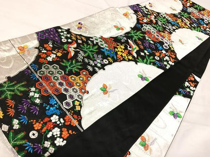 平和屋着物◎六通柄袋帯　唐織　華秀　飛鶴吉祥文　黒地　金銀糸　正絹　逸品　AABI5773yx