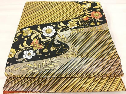 平和屋着物◎六通柄袋帯　流水花蝶文　金糸　正絹　逸品　AABI5778yx
