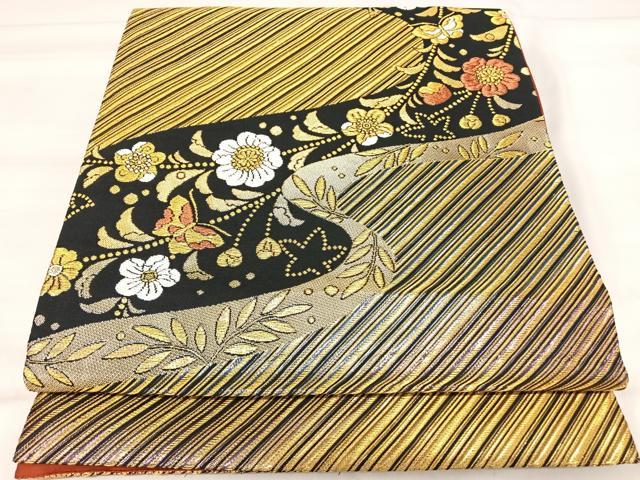 平和屋着物◎六通柄袋帯　流水花蝶文　金糸　正絹　逸品　AABI5778yx