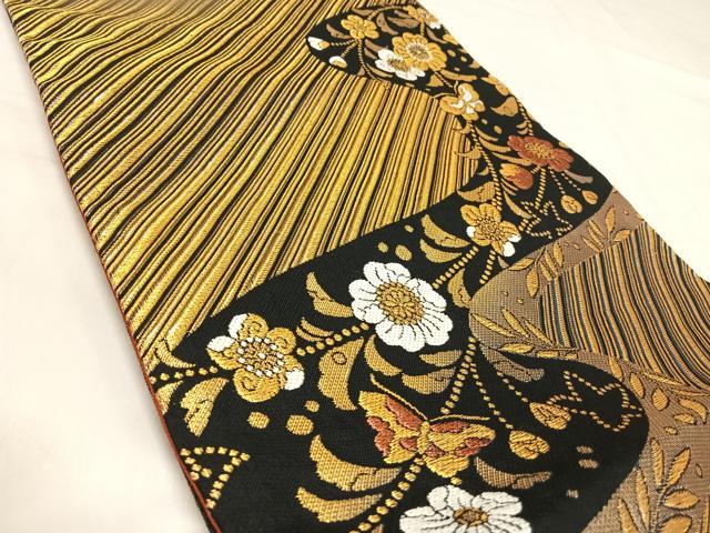 平和屋着物◎六通柄袋帯　流水花蝶文　金糸　正絹　逸品　AABI5778yx