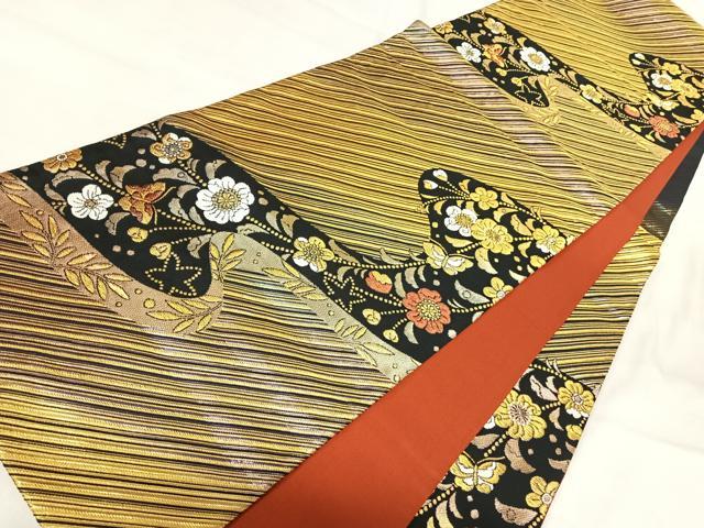 平和屋着物◎六通柄袋帯　流水花蝶文　金糸　正絹　逸品　AABI5778yx