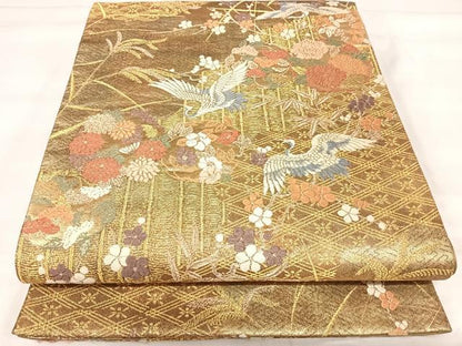 平和屋着物◎六通柄袋帯　唐織　飛鶴花文　金糸　正絹　逸品　AABI5786yx