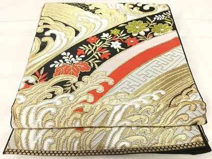 平和屋着物◎六通柄　本袋帯　立波花文　黒地　金糸　正絹　逸品　AABI5789yx