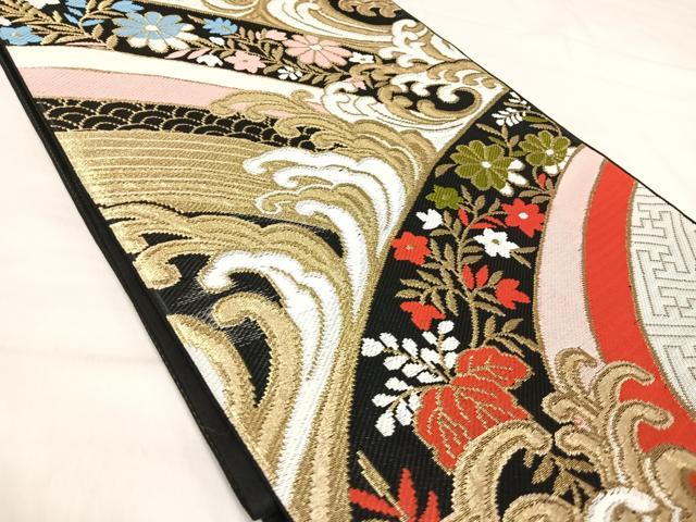 平和屋着物◎六通柄　本袋帯　立波花文　黒地　金糸　正絹　逸品　AABI5789yx