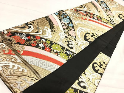 平和屋着物◎六通柄　本袋帯　立波花文　黒地　金糸　正絹　逸品　AABI5789yx