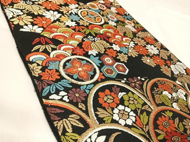 平和屋着物◎六通柄　京本袋帯　唐織　吉祥花文　黒地　金糸　正絹　逸品　AABI5794yx