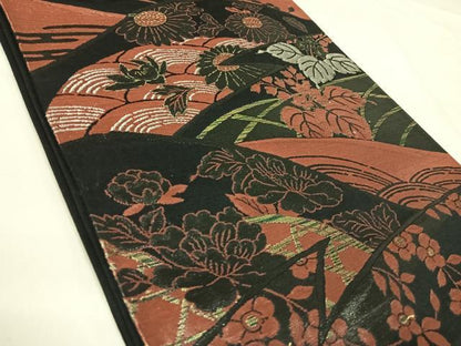 平和屋着物◎六通柄袋帯　草花文　黒地　金銀糸　正絹　逸品　AABI5798yx