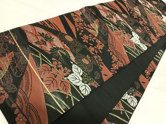 平和屋着物◎六通柄袋帯　草花文　黒地　金銀糸　正絹　逸品　AABI5798yx