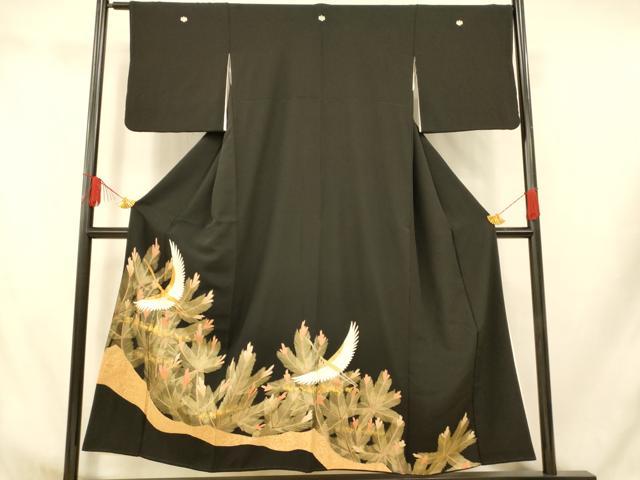 平和屋着物■豪華黒留袖　駒刺繍　飛鶴松文　金彩　正絹　逸品　AABI5803fw
