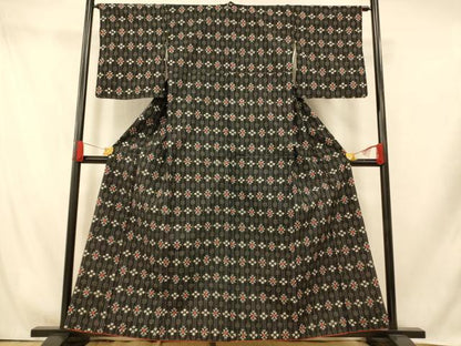 平和屋着物■上質な紬　花間道　黒地　正絹　逸品　AABI5810fw