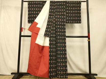 平和屋着物■上質な紬　花間道　黒地　正絹　逸品　AABI5810fw
