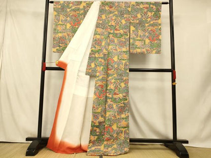 平和屋着物■上質な紬　花鳥陶器文　正絹　逸品　AABI5816fw