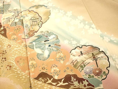 平和屋着物■訪問着　雪輪花鳥風景文　暈し染め　金彩　正絹　逸品　AABI5831fw