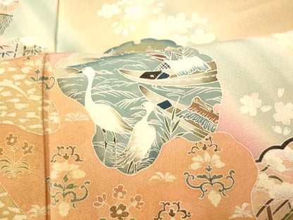 平和屋着物■訪問着　雪輪花鳥風景文　暈し染め　金彩　正絹　逸品　AABI5831fw