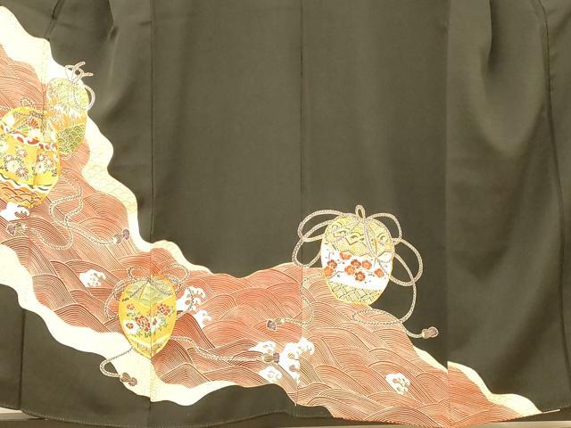 平和屋着物■豪華黒留袖　駒刺繍　陶器吉祥花文　金彩　正絹　逸品　AABI5834fw
