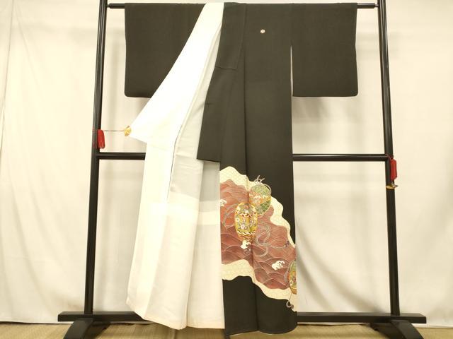 平和屋着物■豪華黒留袖　駒刺繍　陶器吉祥花文　金彩　正絹　逸品　AABI5834fw