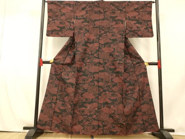 平和屋着物■上質な紬　松竹梅　黒地　正絹　逸品　AABI5842fw