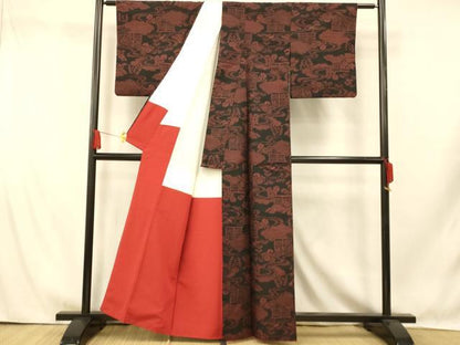 平和屋着物■上質な紬　松竹梅　黒地　正絹　逸品　AABI5842fw