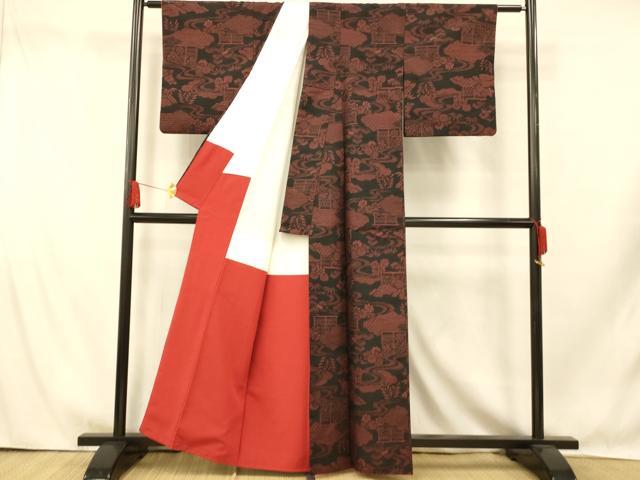平和屋着物■上質な紬　松竹梅　黒地　正絹　逸品　AABI5842fw