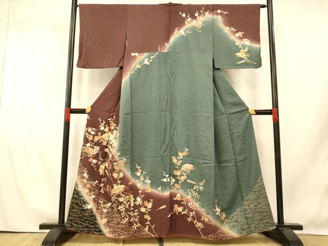 平和屋着物■訪問着　駒刺繍　扇子枝花文　暈し染め　金彩　正絹　逸品　AABI5849fw