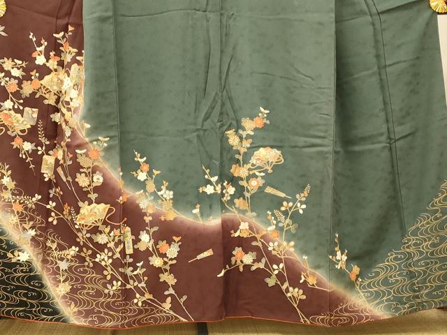 平和屋着物■訪問着　駒刺繍　扇子枝花文　暈し染め　金彩　正絹　逸品　AABI5849fw