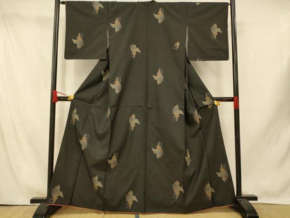 平和屋着物■上質な紬　舞蝶文　黒地　正絹　逸品　AABI5860fw