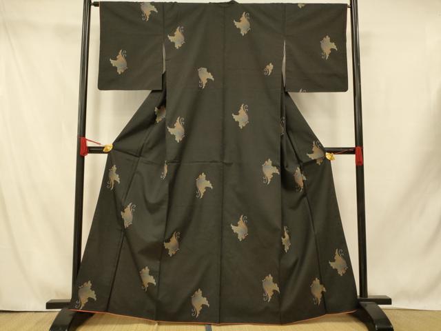 平和屋着物■上質な紬　舞蝶文　黒地　正絹　逸品　AABI5860fw