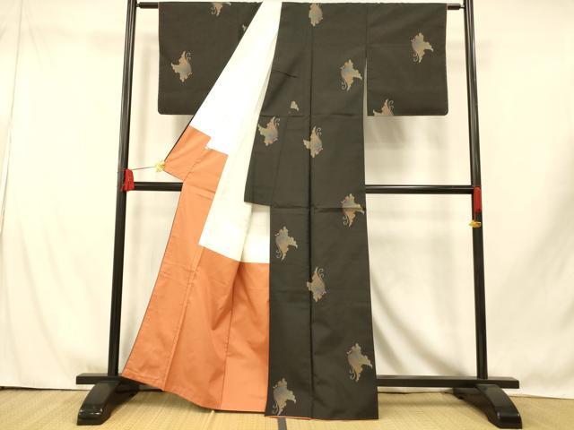 平和屋着物■上質な紬　舞蝶文　黒地　正絹　逸品　AABI5860fw
