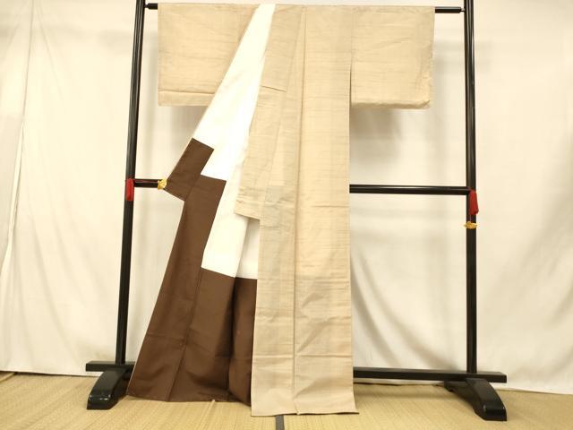 平和屋着物■上質な紬　横段霞文　亜麻色　正絹　逸品　未使用　AABI5862fw