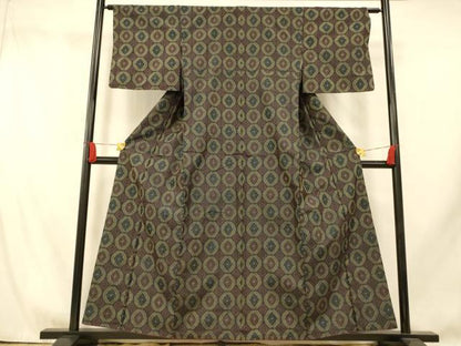平和屋着物■上質な紬　花菱文　黒地　正絹　逸品　AABI5864fw
