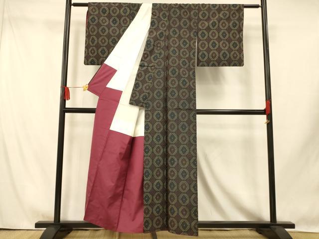 平和屋着物■上質な紬　花菱文　黒地　正絹　逸品　AABI5864fw