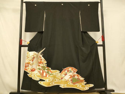 平和屋着物■豪華黒留袖　駒刺繍　花鳥扇子文　金銀糸　金銀彩　正絹　逸品　AABI5873fw