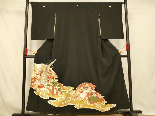 平和屋着物■豪華黒留袖　駒刺繍　花鳥扇子文　金銀糸　金銀彩　正絹　逸品　AABI5873fw