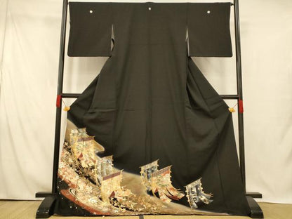 平和屋着物■豪華黒留袖　螺鈿　几帳流水更紗花文　暈し染め　金銀彩　ロング丈　正絹　逸品　AABI5877fw
