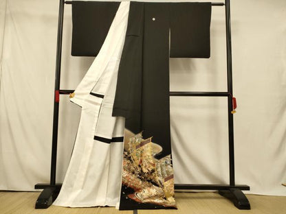 平和屋着物■豪華黒留袖　螺鈿　几帳流水更紗花文　暈し染め　金銀彩　ロング丈　正絹　逸品　AABI5877fw