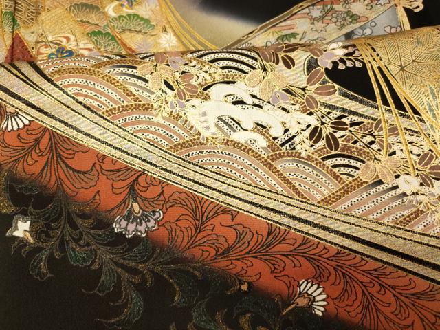 平和屋着物■豪華黒留袖　螺鈿　几帳流水更紗花文　暈し染め　金銀彩　ロング丈　正絹　逸品　AABI5877fw
