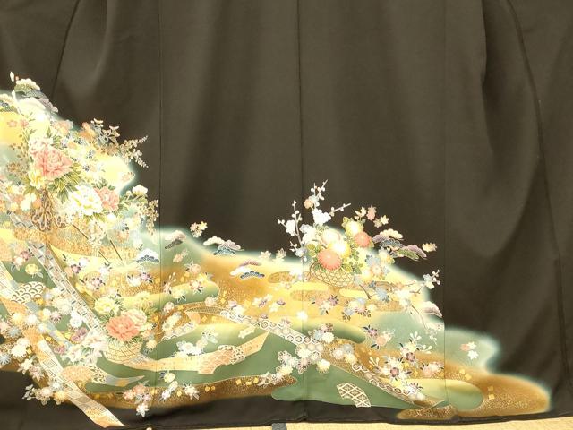 平和屋着物■豪華黒留袖　駒刺繍　萬寿染　吉祥花車文　暈し染め　金彩　正絹　逸品　AABI5883fw