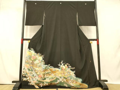 平和屋着物■豪華黒留袖　駒刺繍　萬寿染　吉祥花車文　暈し染め　金彩　正絹　逸品　AABI5883fw