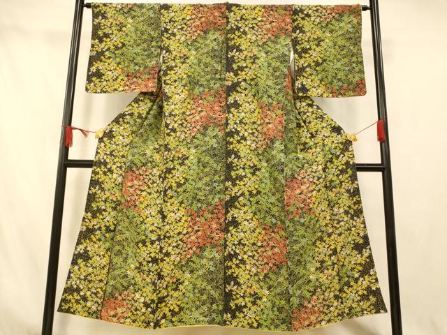 平和屋着物■上質な小紋　楓文　黒地　正絹　逸品　AABI5898fw