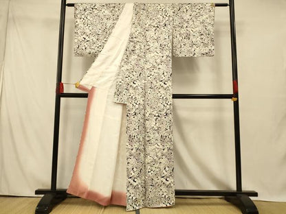 平和屋着物■上質な小紋　草花文　黒地　正絹　逸品　AABI5931fw