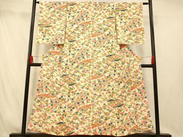 平和屋着物■上質な小紋　型染め　吉祥枝花文　松　梅　正絹　逸品　AABI5933fw