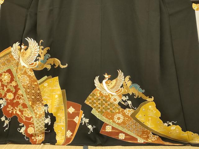 平和屋着物■豪華黒留袖　駒刺繍　鳳凰更紗花文　金彩　正絹　逸品　AABI5936fw