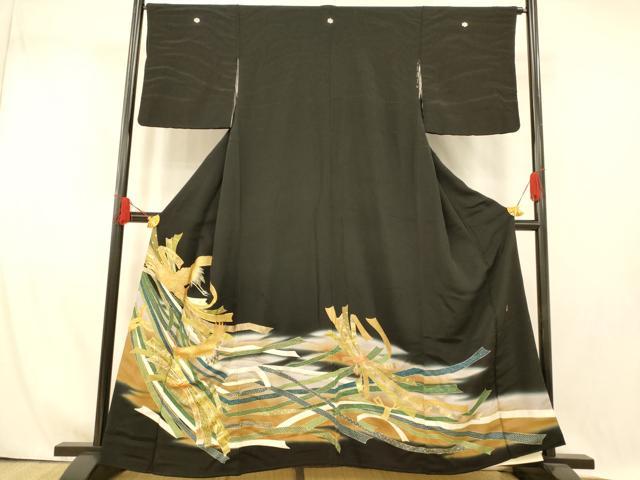 平和屋着物■豪華黒留袖　駒刺繍　萬寿染　鶴束ね熨斗文　暈し染め　金銀彩　正絹　逸品　AABI5939fw