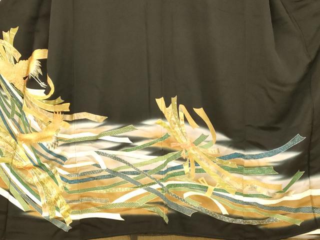 平和屋着物■豪華黒留袖　駒刺繍　萬寿染　鶴束ね熨斗文　暈し染め　金銀彩　正絹　逸品　AABI5939fw