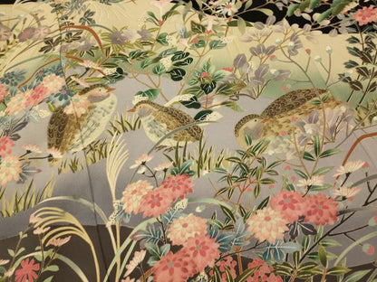 平和屋着物■豪華黒留袖　友禅作家物　花鳥文　うずら　暈し染め　正絹　逸品　AABI5944fw