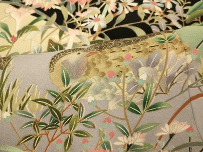平和屋着物■豪華黒留袖　友禅作家物　花鳥文　うずら　暈し染め　正絹　逸品　AABI5944fw